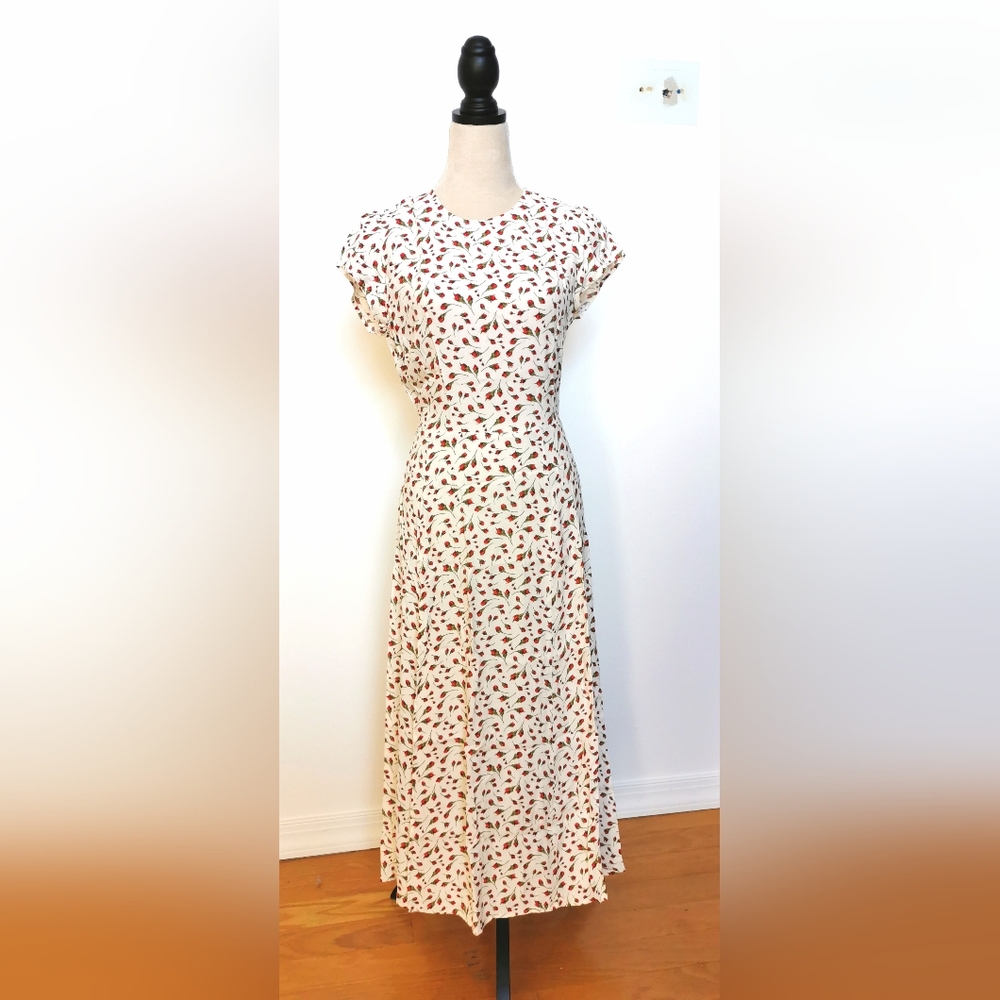 Reformation Cream Midi Dress with Red Leaf Print